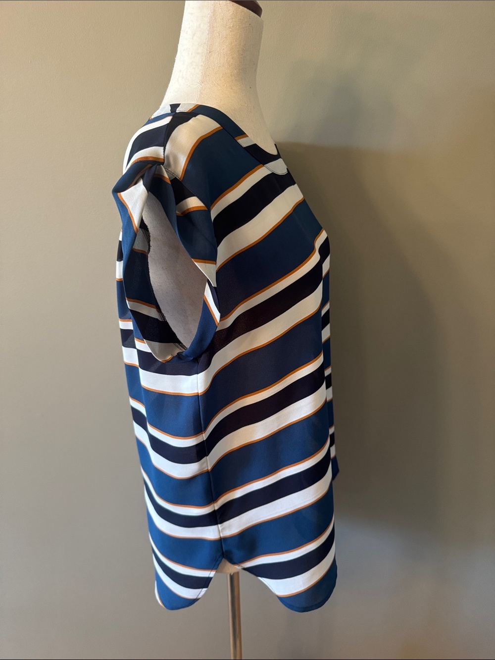 Ann Taylor Factory Navy, White and Gold Striped Cap-Sleeve Blouse - Picture 6 of 8